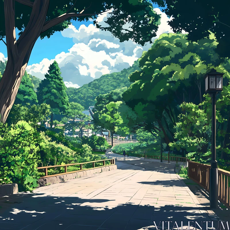 Tranquil Forest Path under Blue Sky AI Image