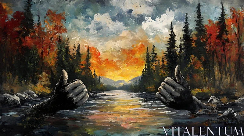 Thumbs Up River Landscape Art AI Image