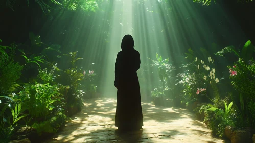 Cloaked Figure in Sunlit Forest
