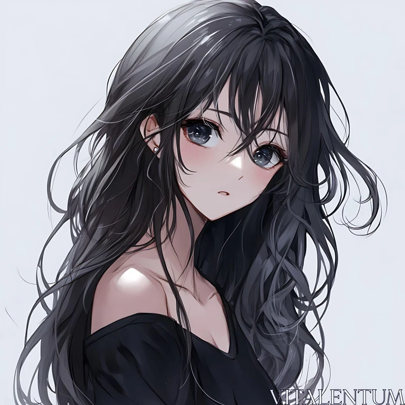 Contemplative Anime Girl with Flowing Black Hair AI Image