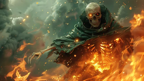 Enigmatic Cloaked Skeleton with Flames