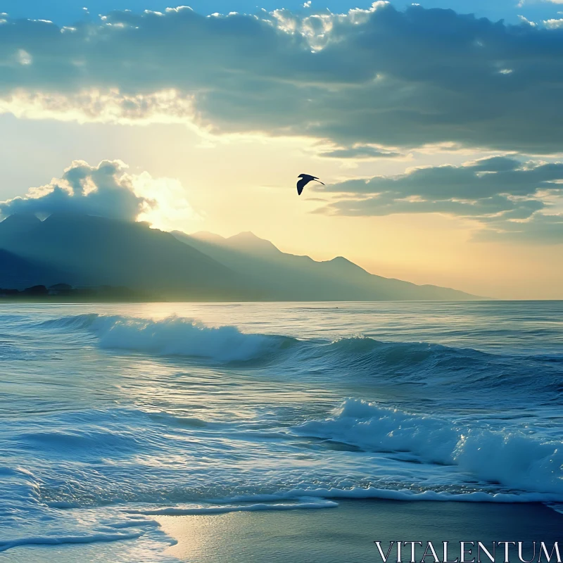 Seascape at Dawn with Bird Silhouette AI Image