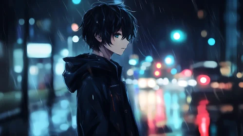 Anime Character in Rainy Night City