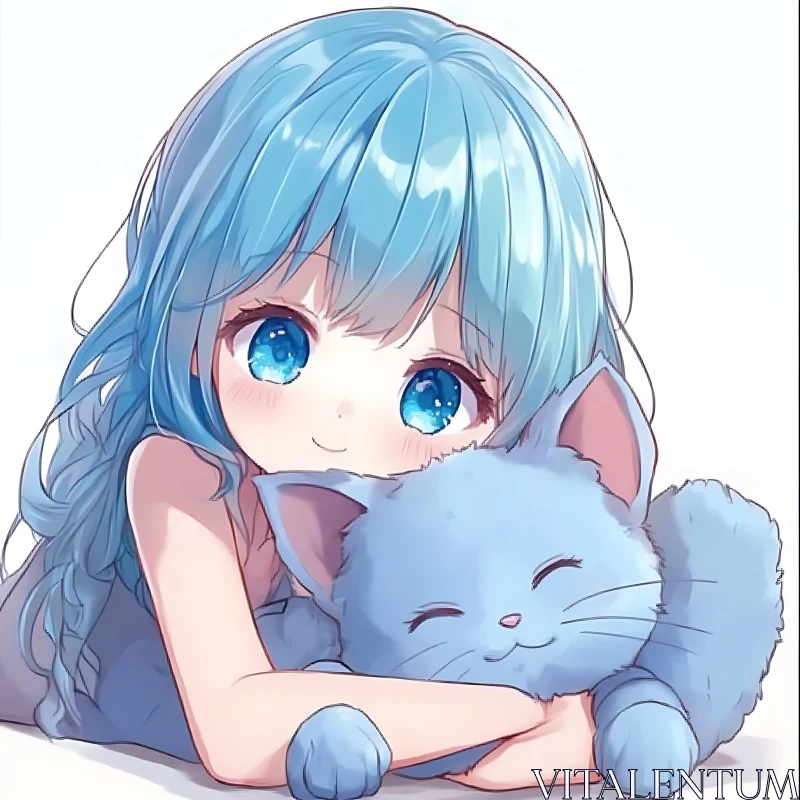 Cuddly Anime Girl with Blue Hair and Cat AI Image