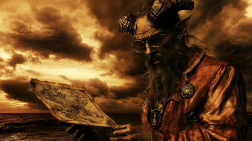 Demon with Map on Stormy Seascape