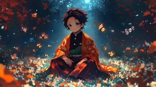 Tranquil Anime Scene with Butterflies and Kimono