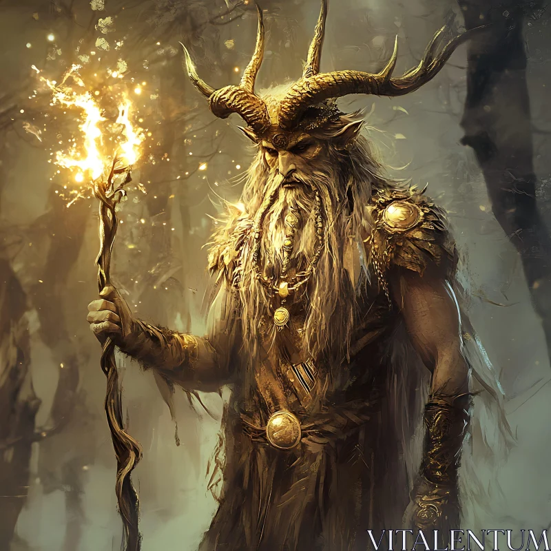 Golden Wizard with Antlers in Dark Forest AI Image