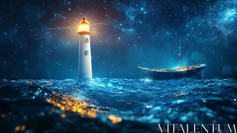 Lighthouse Guiding Ship Under Night Sky AI Image