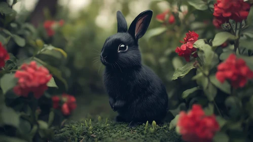 Velvety Black Rabbit Surrounded by Flora