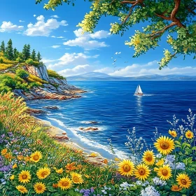 Coastal View with Sailboat and Flowers