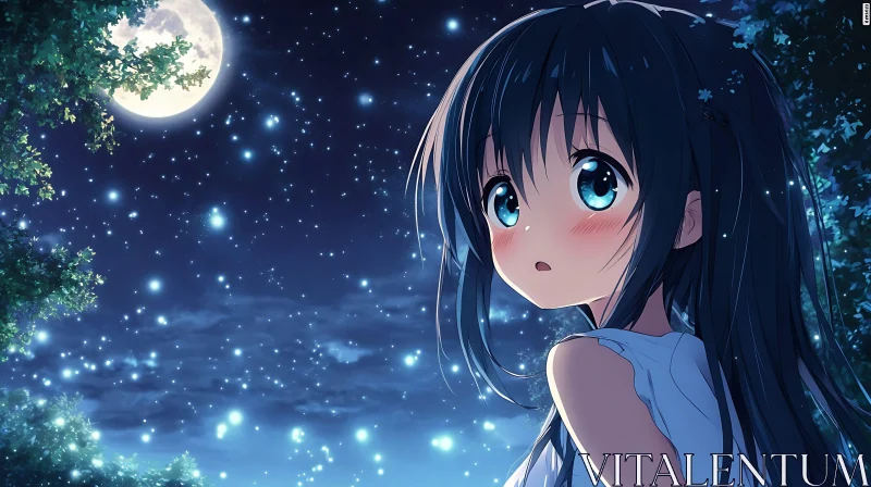 Serene Anime Girl in Moonlit Night AI Image