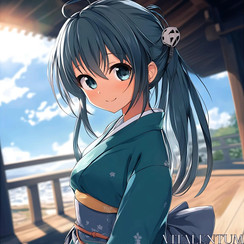 Tranquil Anime Girl in Kimono Enjoying the Outdoors AI Image