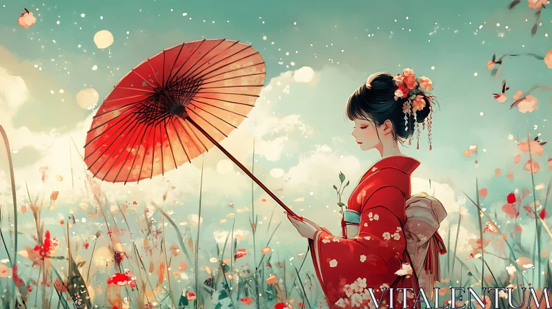 Japanese Woman in Kimono with Red Umbrella AI Image