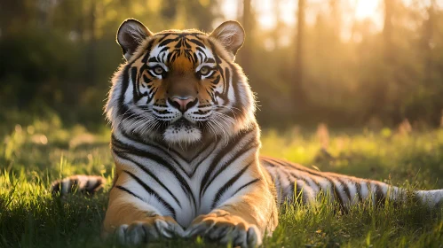Resting Tiger in Grassy Meadow