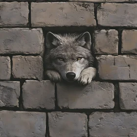 Grey Wolf Behind Bricks