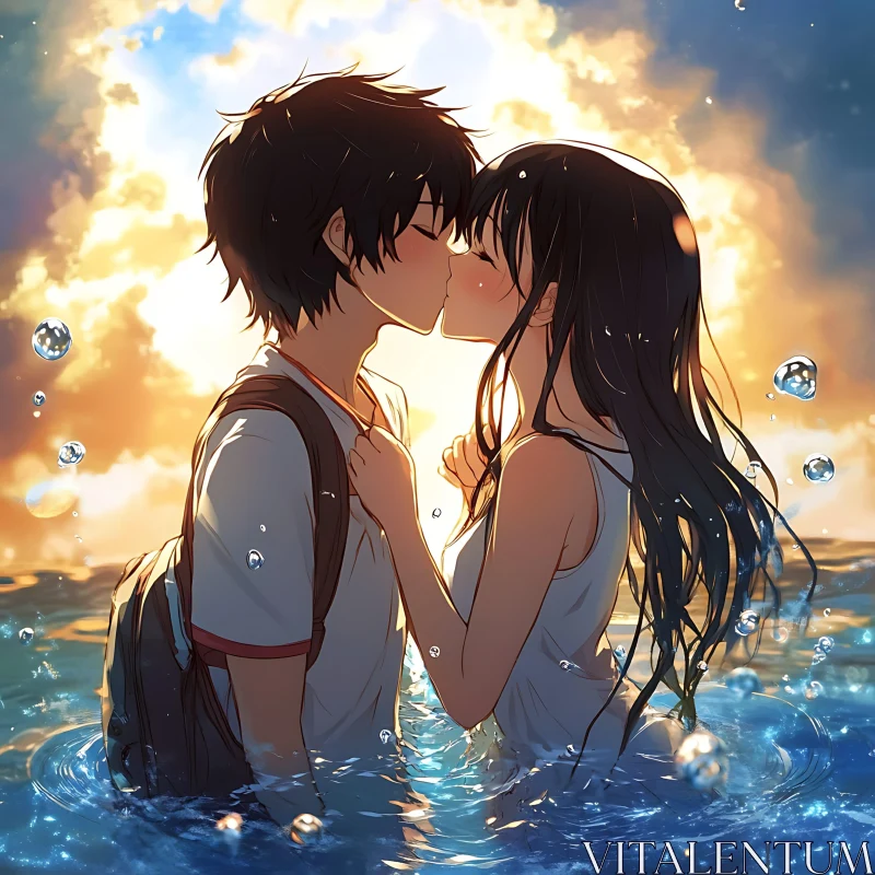 AI ART Tender Anime Couple Kissing at Dusk