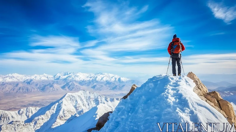 Hiker on Snowy Mountain Peak AI Image