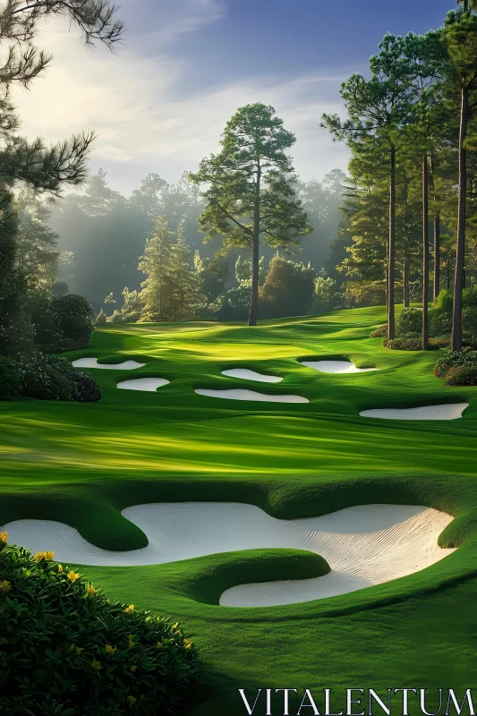 Sunlit Golf Course with Verdant Greens and Bunkers , AI AI Image