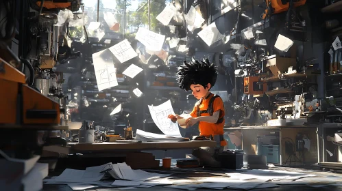 Engineer Boy with Blueprints in Workshop