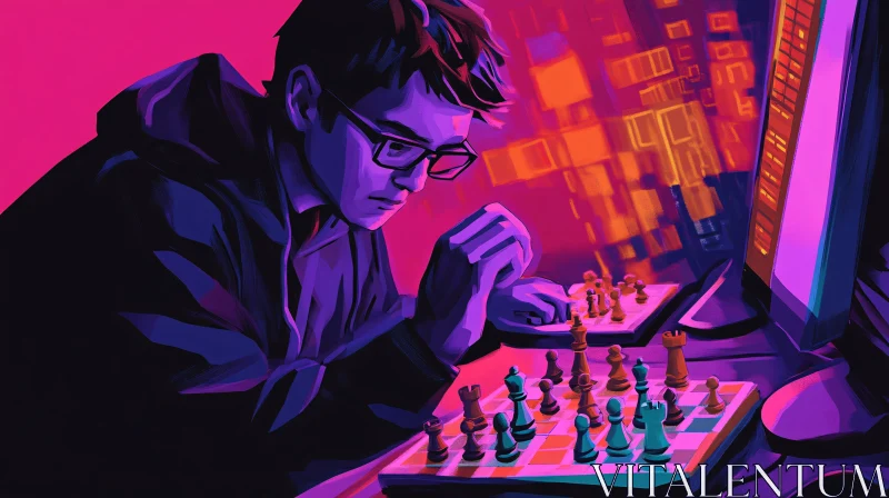 Chess Mastermind in a Neon-Lit Game AI Image