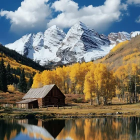 Autumnal Mountain Lake Cabin Scene