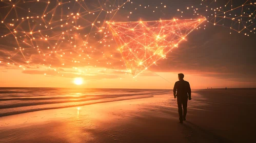 Man on Beach with Glowing Structure