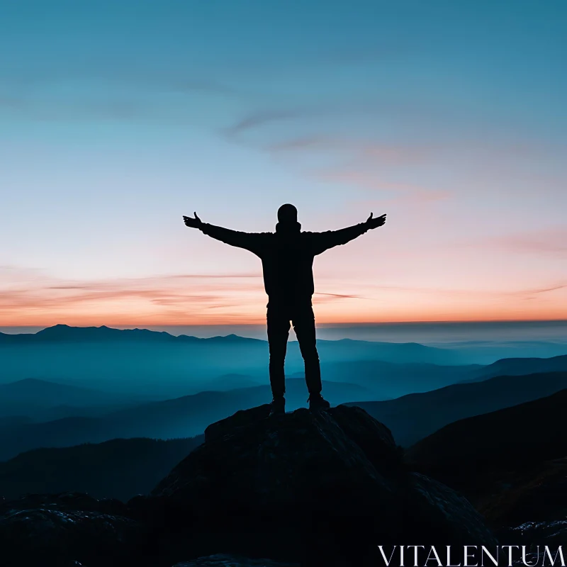 Silhouette on Mountain at Sunrise AI Image