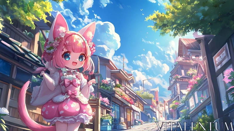 AI ART Cute Cat-Eared Character in Pastel Town