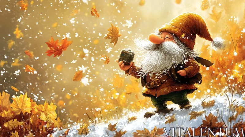 AI ART Whimsical Gnome in Falling Leaves