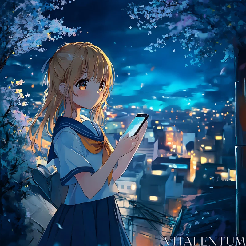 Night Cityscape and Sakura Blossoms with Anime Girl AI Image