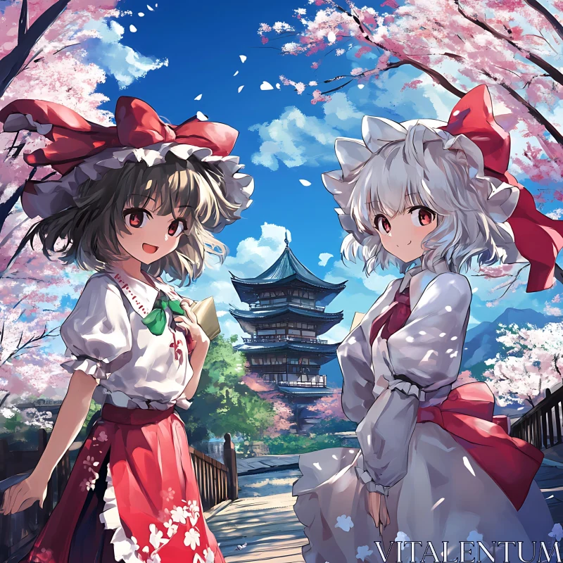 Serene Spring Anime Scene with Pagoda AI Image