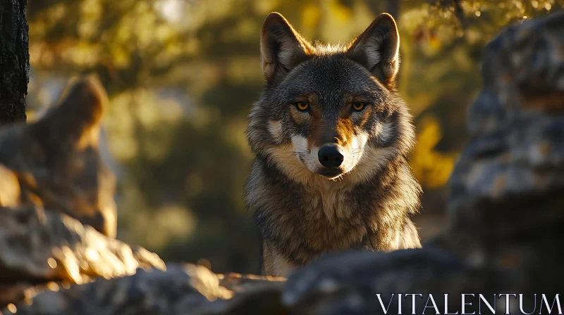 Wild Wolf Stares From Behind Rocks AI Image