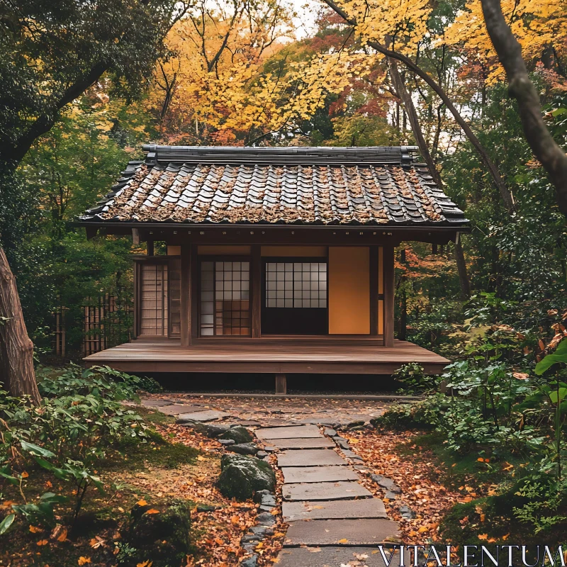 Japanese House with Garden Pathway in Fall AI Image