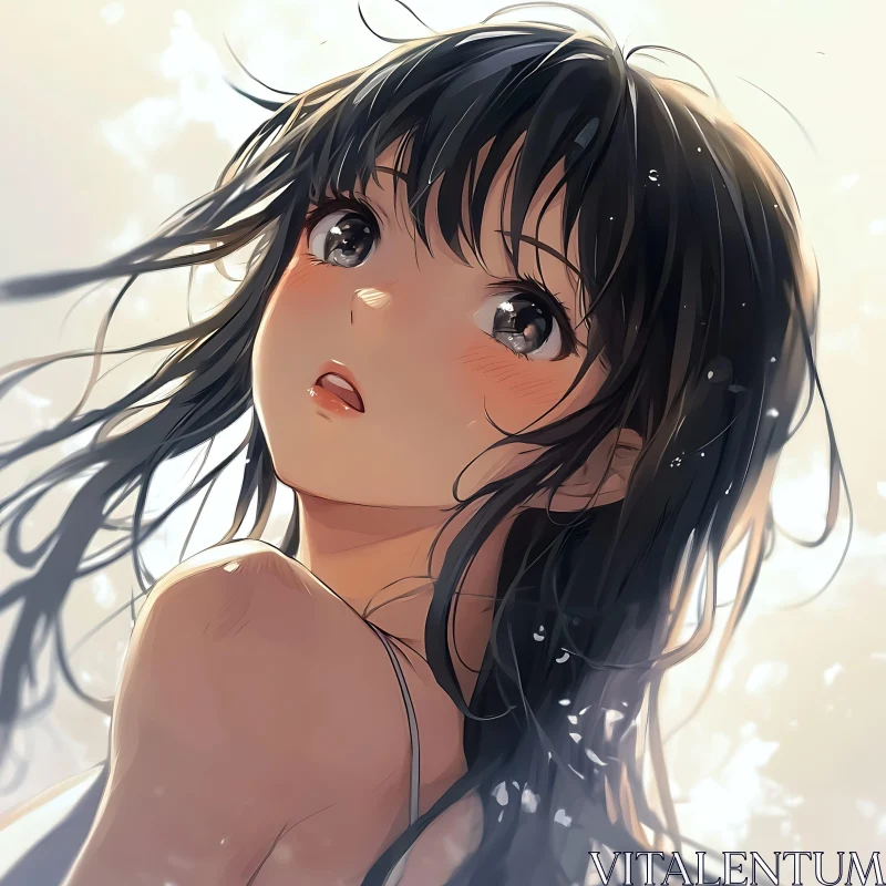 Dreamy Anime Girl Illustration with Expressive Eyes AI Image