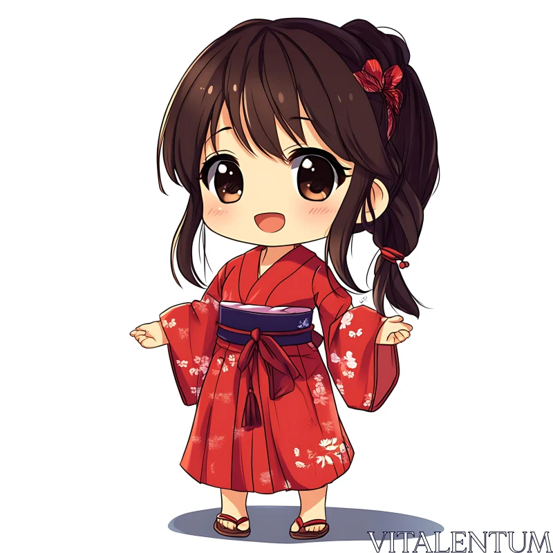 Chibi Anime Girl with Red Kimono and Ribbon AI Image