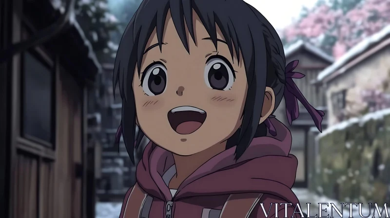 Smiling Anime Child in Serene Winter Setting AI Image