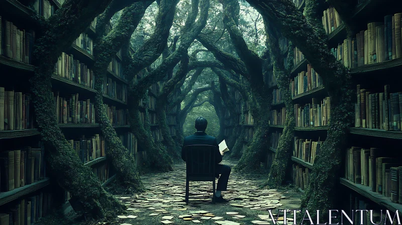 AI ART Man Reading in Forest Library