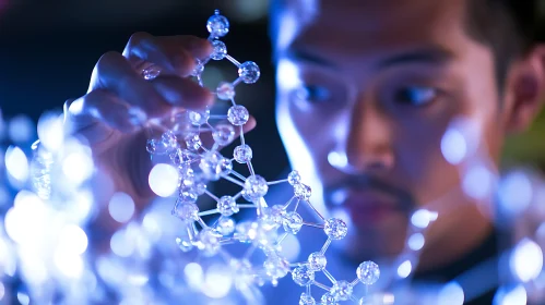 Scientist Inspecting Molecular Model Under Blue Light
