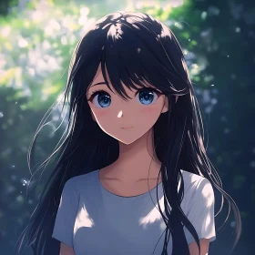 Anime Girl with Blue Eyes in Sunlit Forest