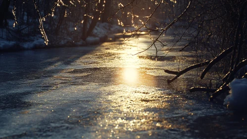 Icy River Reflecting Warm Sunset