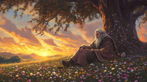 Man Resting in Flower Field at Sunset