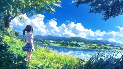 Tranquil Anime Landscape Featuring a Young Girl