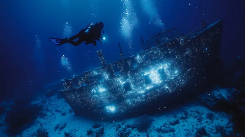 Diver at Shipwreck in Deep Blue Sea