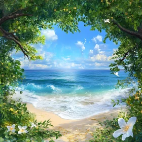 Seaside Bliss: A Floral Framed Beach View