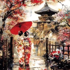 Women in Kimonos by the Pagoda