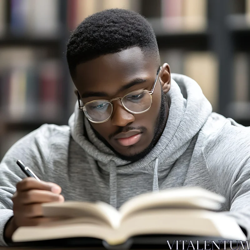 Man Studying in Library with Glasses AI Image