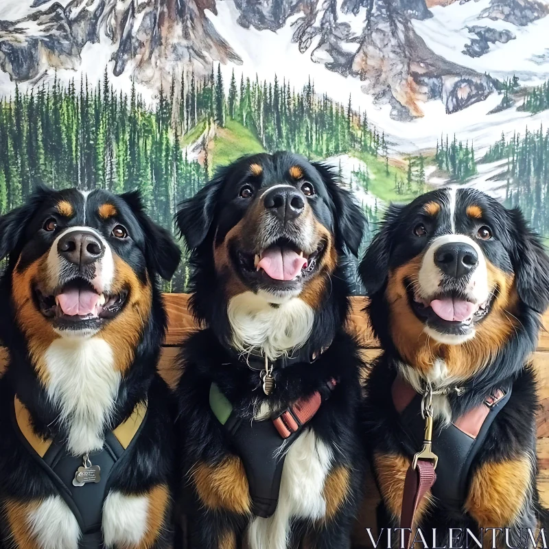 Happy Bernese Mountain Dogs with Scenic Mountain View AI Image