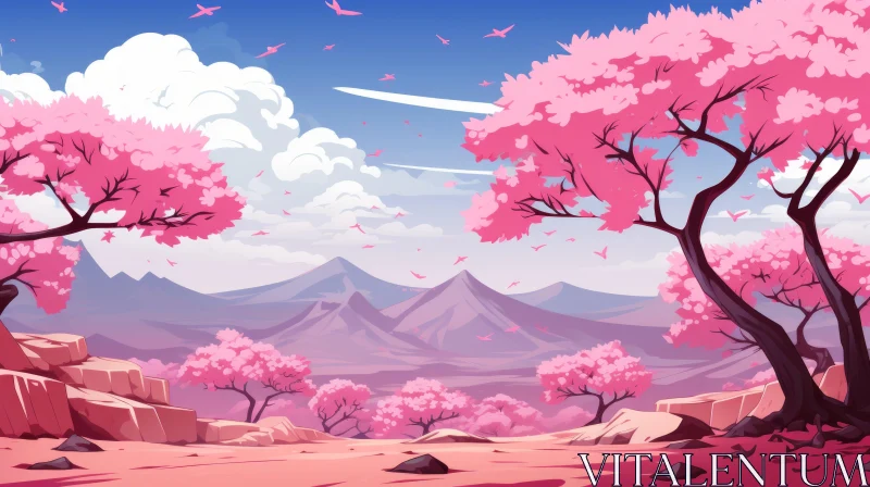 Anime Landscape - Cherry Blossoms and Mountain Views AI Image
