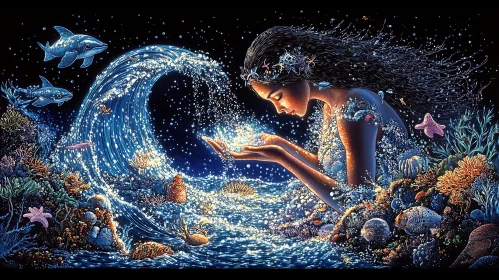 Mystical Mermaid Art with Glowing Water