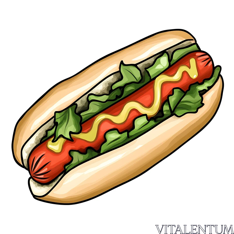 Hotdog Drawing with Lettuce and Sauces AI Image